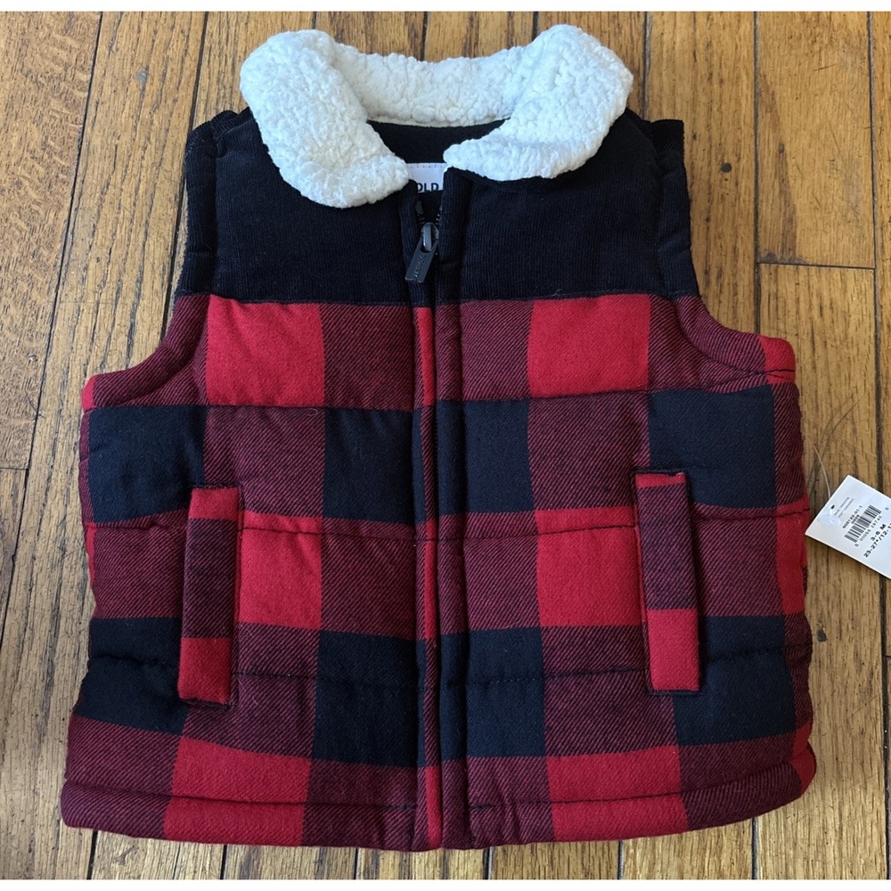 Old Navy‎ Red Plaid Vest Fleece Lines Sherpa Collar 3M-6M NWT